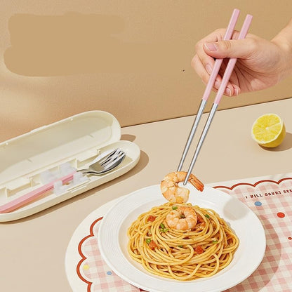 Cute Strawberry Bear 304 Stainless Steel Utensil Set with Travel Case – Portable Reusable Chopsticks, Spoon & Fork in Plaid Storage Box, for School Lunch, Camping, Travel(Pink)