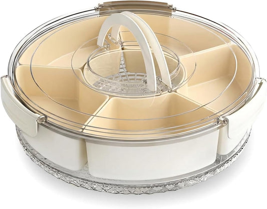 Divided Serving Tray with Lid & Handle, Portable Rotating Snackle Box, Clear Snack Spinner for Fruits, Snacks, Veggie & Charcuterie, Lazy Susan Organizer for Kitchen, Party, Travel & Picnic