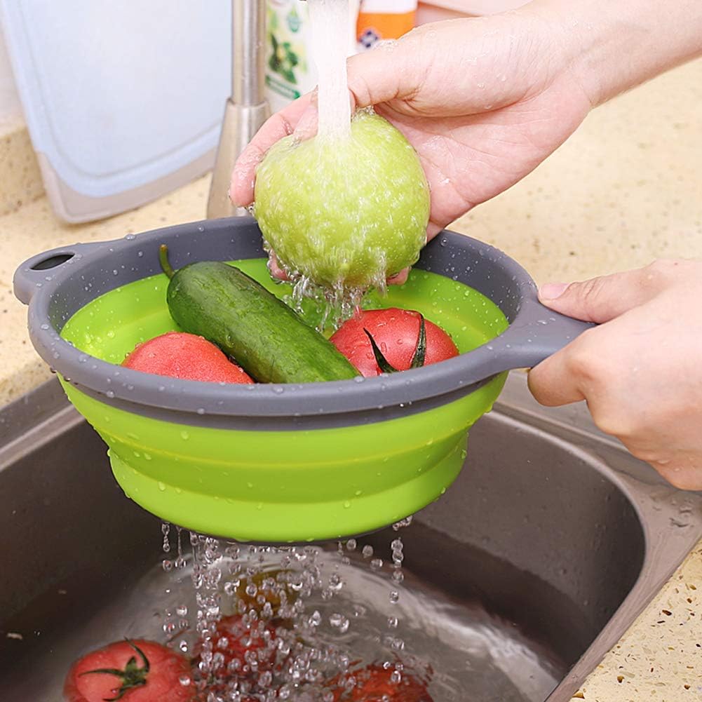 Foldable Silicone Strainer Colanders with Handles, Green and Red, 2 Pack