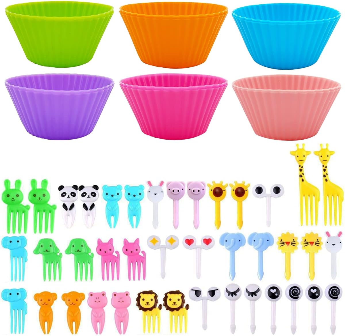 DaKuan 52-Piece Bento Box Accessories Kit - 12 Reusable Silicone Cupcake Liners & 40 Food Picks for Kids Lunch Box, Microwave Safe Baking Cups with Animal Fruit Picks (School, Party, Picnic)