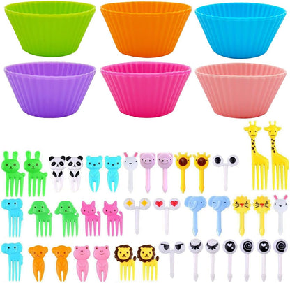 SourceTon 52-Piece Bento Box Fun Kit – 12 Reusable Silicone Baking Cups & 40 Cute Animal Picks for Lunch, Snack Sorting, Party Platters & Meal Prep