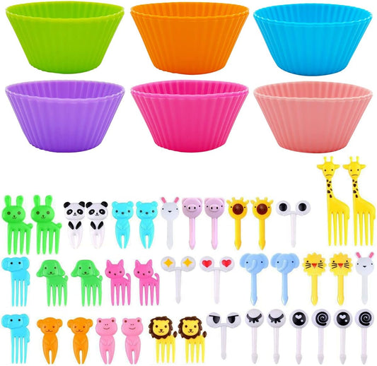 SourceTon 52-Piece Bento Box Fun Kit – 12 Reusable Silicone Baking Cups & 40 Cute Animal Picks for Lunch, Snack Sorting, Party Platters & Meal Prep