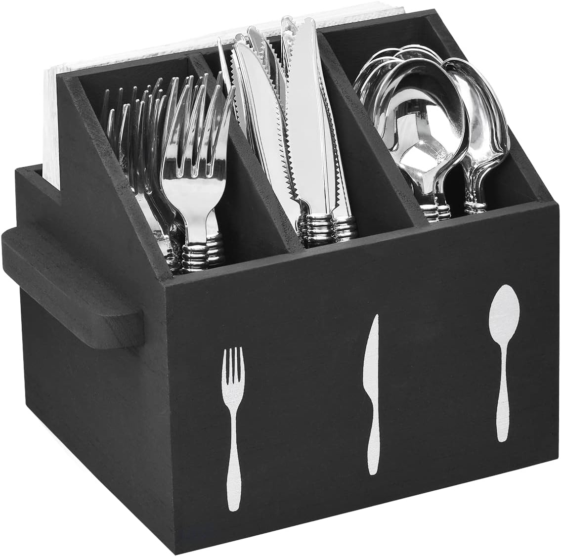 Ikee Design Wooden Utensil Caddy with Handles, Silverware Caddy, Silverware Holder for Countertop,Party,Camping and Kitchen, Silverware Organizer, Picnic Cutlery Holders, White Color