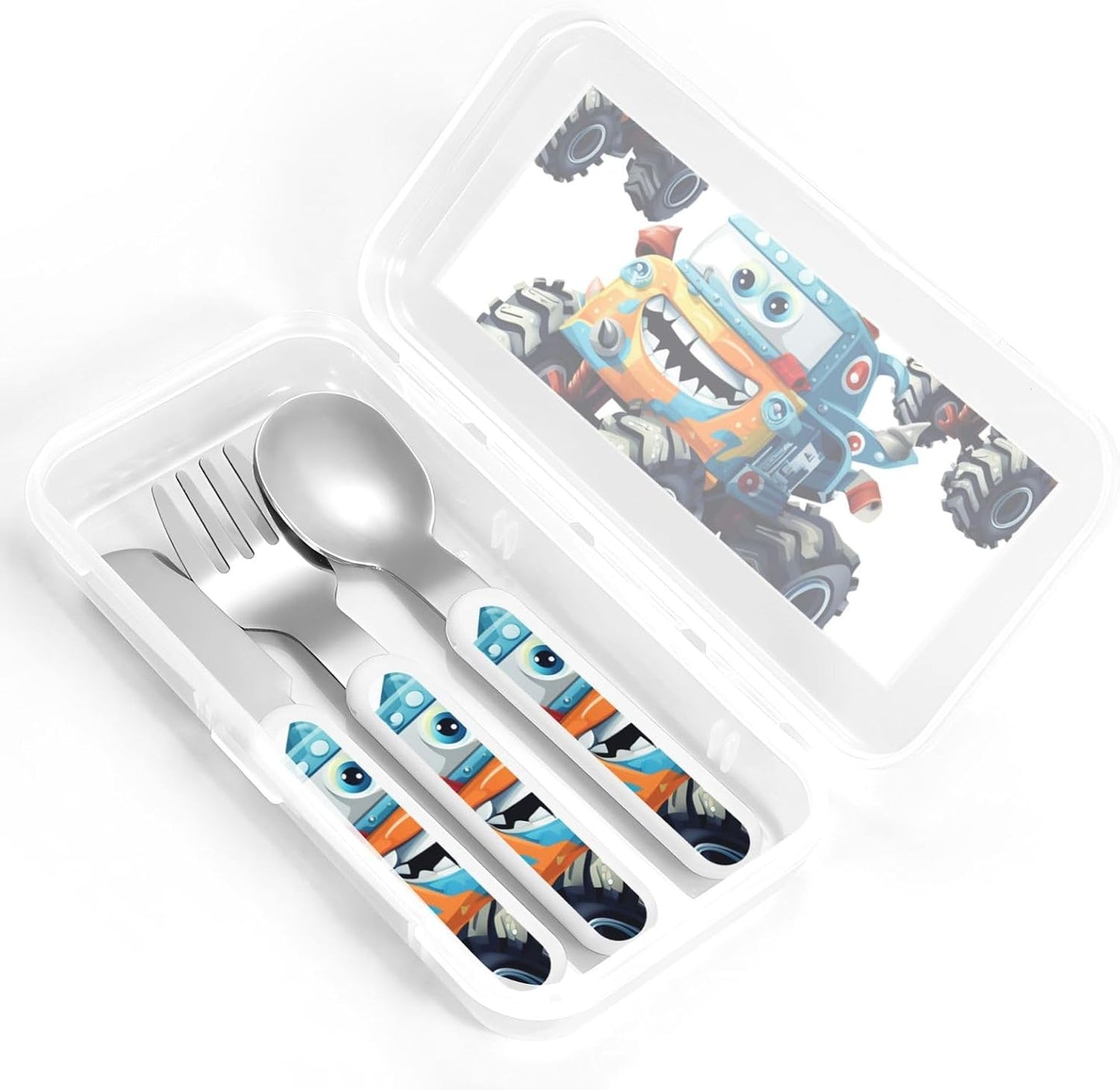 3-Piece Kids Silverware Set With Storage Case, Stainless Steel Reusable Children Safe Knife Spoon Fork Set Cute Monster Trucks Children Flatware Set For Kids Lunch Box