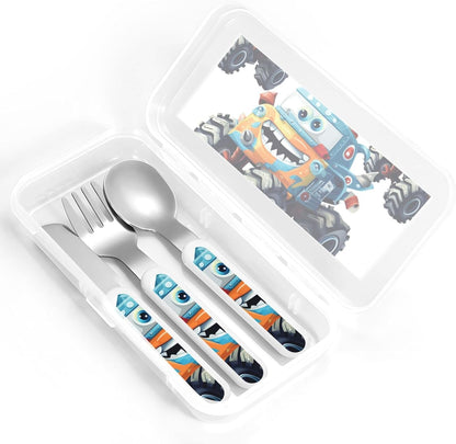 3-Piece Kids Silverware Set With Storage Case, Stainless Steel Reusable Children Safe Knife Spoon Fork Set Cute Monster Trucks Children Flatware Set For Kids Lunch Box