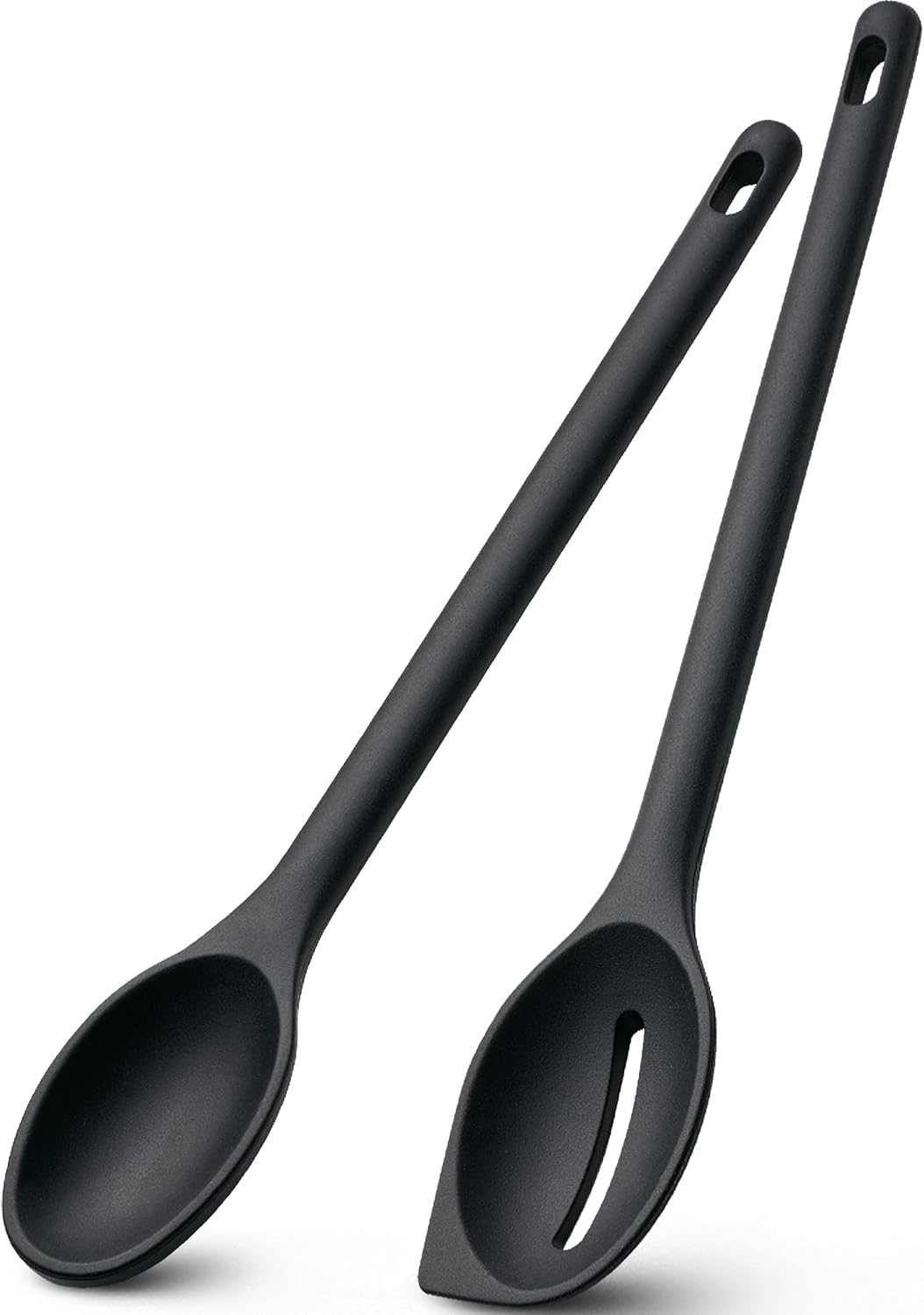 Silicone Spoons for Cooking, 600°F Heat Resistant Cooking Spoon with Solid & Slotted Spoon for Mixing, Serving, Stirring, Scraping, BPA Free Silicone Kitchen Utensil Set, Dishwasher Safe (2Pcs, Black)