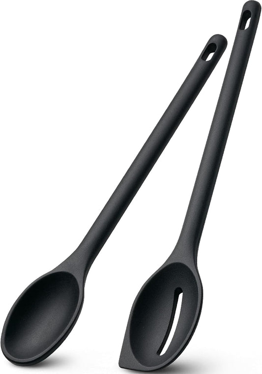 Silicone Spoons for Cooking, 600°F Heat Resistant Cooking Spoon with Solid & Slotted Spoon for Mixing, Serving, Stirring, Scraping, BPA Free Silicone Kitchen Utensil Set, Dishwasher Safe (2Pcs, Black)