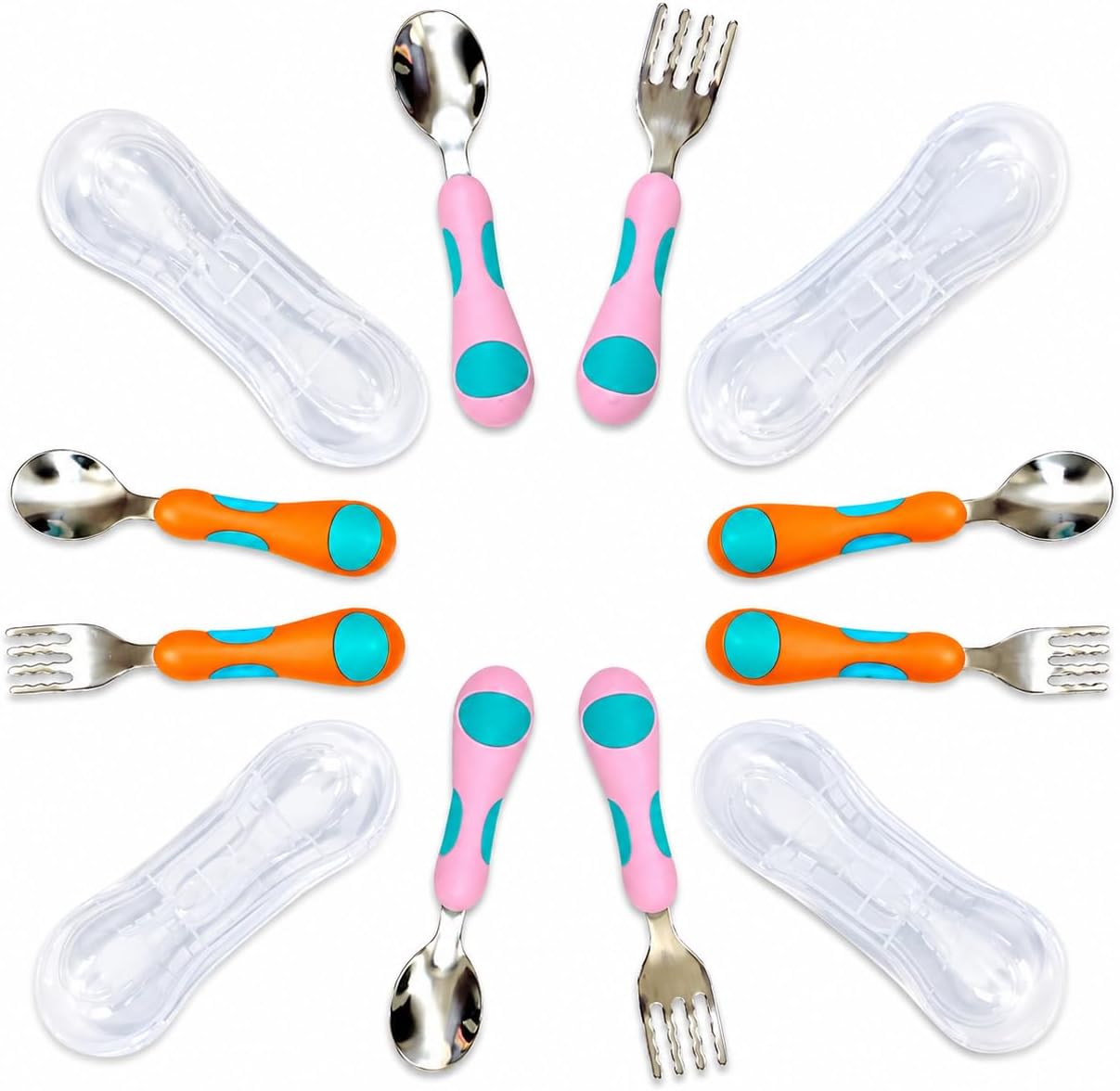 kinsho Toddler Utensils - Kids Silverware Set with Travel Case 3 pack - Stainless Steel Forks Spoons for 1 2 3 4 Years Old. Metal Lunch Box Cutlery for Children Girls, Round Handle, 6 Pieces Pink Blue