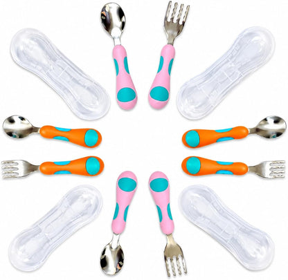 kinsho Toddler Utensils - Kids Silverware Set with Travel Case 3 pack - Stainless Steel Forks Spoons for 1 2 3 4 Years Old. Metal Lunch Box Cutlery for Children Girls, Round Handle, 6 Pieces Pink Blue