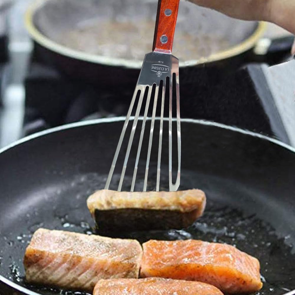 La Cuisine Extra Flexible Stainless Steel Fish Slotted Spatula Turner with Beveled Edge Wood handle, 6.5" Blade, 11" Length for Flipping Fish, Eggs, Pancakes, Patties & Fries