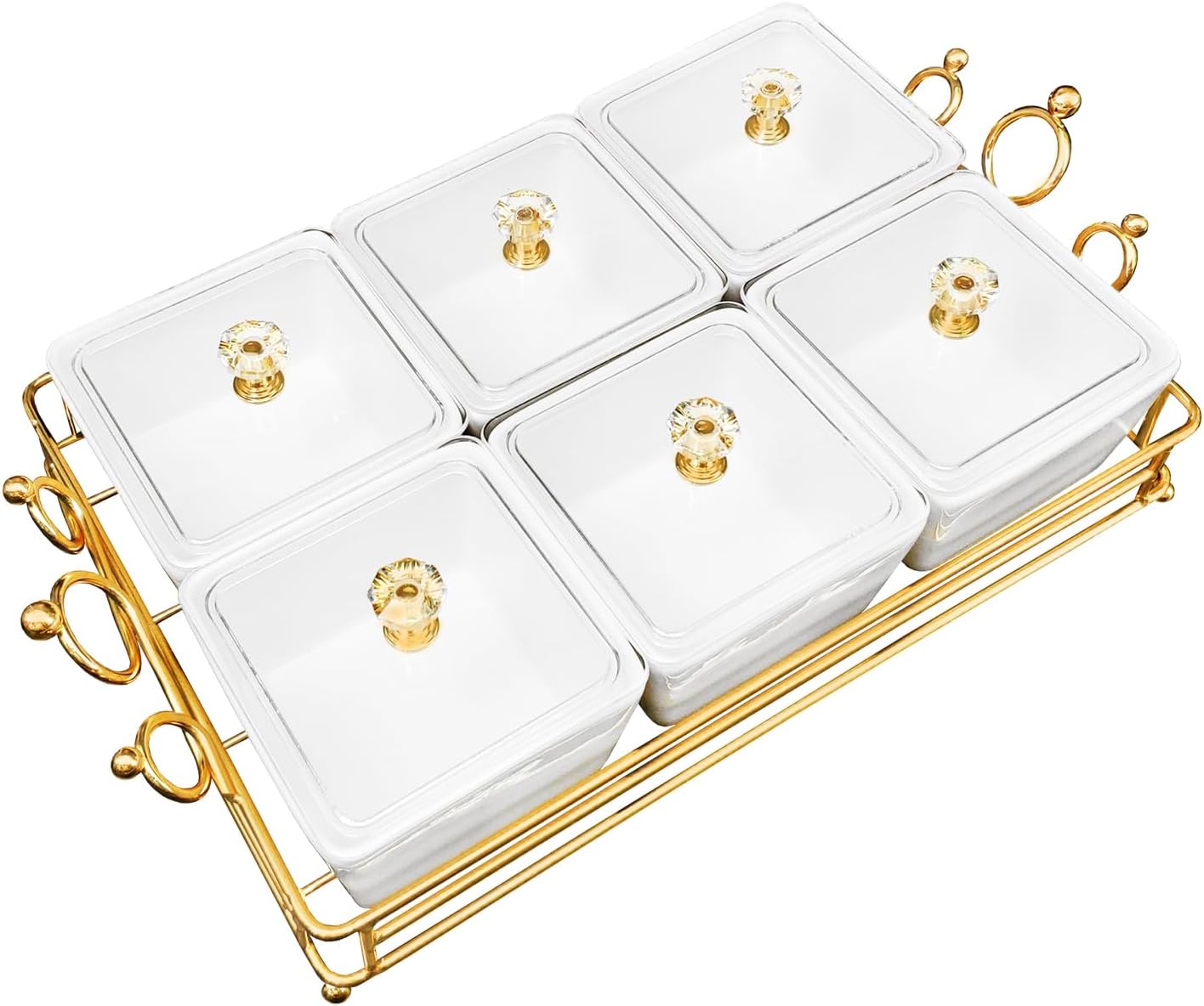 YA JU Ceramic Bowls and with Lid Gold Basket Trays, 6 Removable Small Bowls Condiment Trays Nut Serving Set for Snacks, Fruits, Candy and Condiments -Great for Parties, Holiday Gifts, White