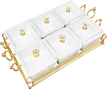 YA JU Ceramic Bowls and with Lid Gold Basket Trays, 6 Removable Small Bowls Condiment Trays Nut Serving Set for Snacks, Fruits, Candy and Condiments -Great for Parties, Holiday Gifts, White