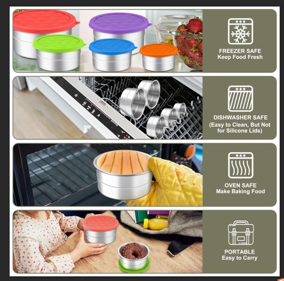 HaWare Stainless Steel Food Storage Containers with Silicone Lids, Leak-Proof Metal Snack Container, Round Lunch Box for Kids Adults, Stackable & Reusable Meal Prep Containers, Set of 3, Multicolor