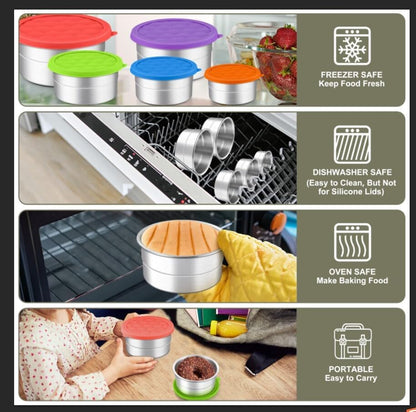 HaWare Stainless Steel Food Storage Containers with Silicone Lids, Leak-Proof Metal Snack Container, Round Lunch Box for Kids Adults, Stackable & Reusable Meal Prep Containers, Set of 3, Multicolor