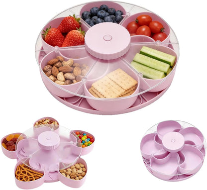 Divided Serving Tray that Spins, Rotating Snack Tray with Lid, 5-Compartment Spinning Candy & Nut Organizer, Divided Serving Platter for Parties, Reusable Snack Container for Fruits (Pink, 1 Pcs)