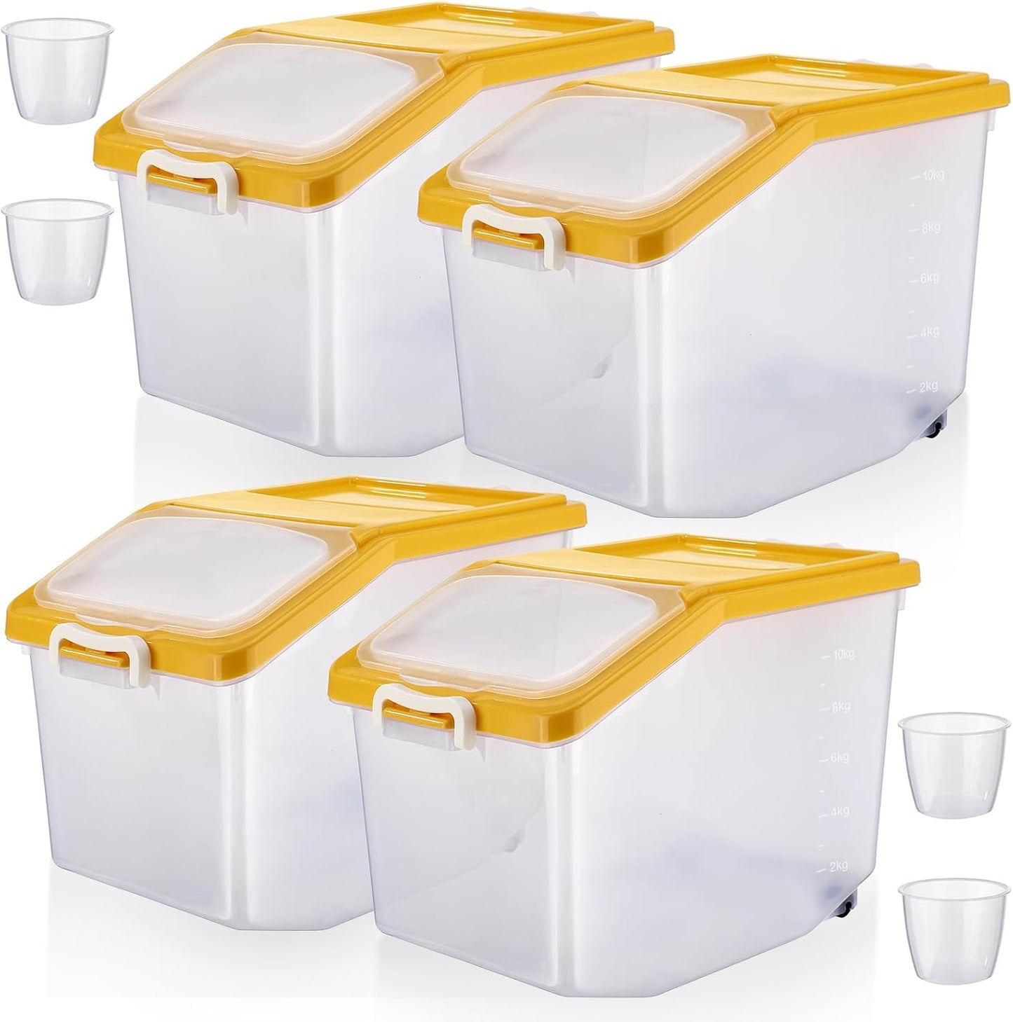 Sunnyray 4 Pcs Rice Storage Container Bulk 27.6 lb Airtight Flour Container with Wheels and Lids Measuring Cup Clear Pet Food Dog Birds Cat Food Bin Grain Cereal Organizer Box(Cream)