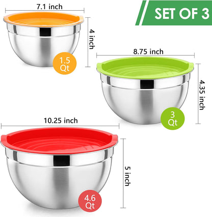 P&P CHEF Black Mixing Bowls with Lids, Set of 3, Stainless Steel Salad Nesting Bowl for Mixing, Storing, Prepping, Airtight & Stackable, Size 4.6/3 /1.5 QT