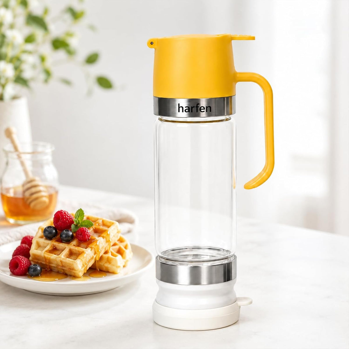 No Drip Glass Honey Dispenser - 9oz Leak Proof Syrup Container with Trigger