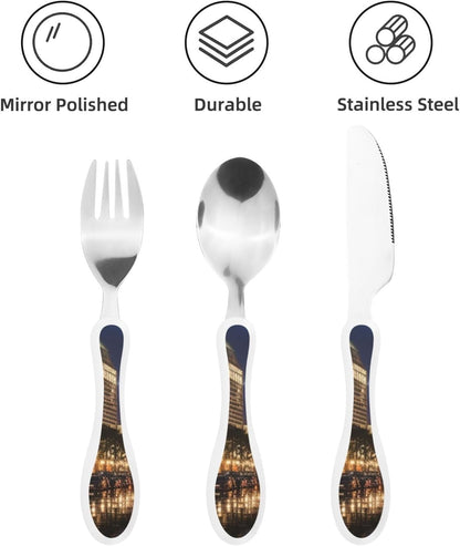 3-Piece Kids Silverware Set With Storage Case, Stainless Steel Reusable Children Safe Knife Spoon Fork Set Easter Bunny Eggs Spring Flower Rabbit Children Flatware Set For Kids Lunch Box