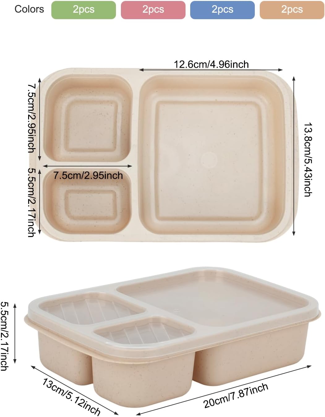 8-Pack 3 Compartment Meal Prep Containers with Lids, Wheat Straw Plastic, Microwave/Dishwasher/Freezer Safe, Stackable