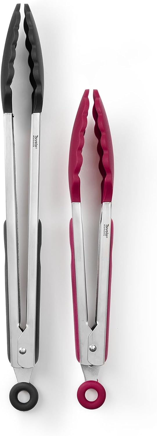 Tovolo Stainless Steel Tongs with Silicone Tips Set of 3 Mini 7” 9” 12 Inch with Easy Lock Mechanism for Cooking Grilling Air Fryer Serving, Red Black Charcoal Gray Heat Resistant Kitchen Tongs
