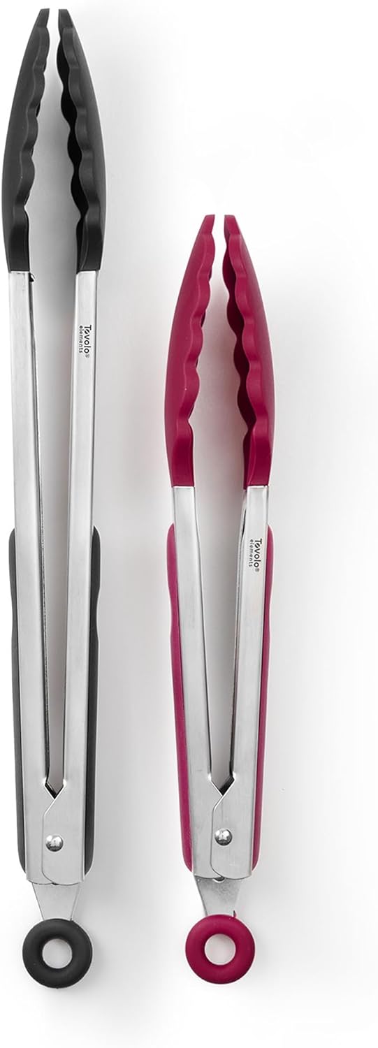 Tovolo Stainless Steel Tongs with Silicone Tips Set of 3 Mini 7” 9” 12 Inch with Easy Lock Mechanism for Cooking Grilling Air Fryer Serving, Red Black Charcoal Gray Heat Resistant Kitchen Tongs