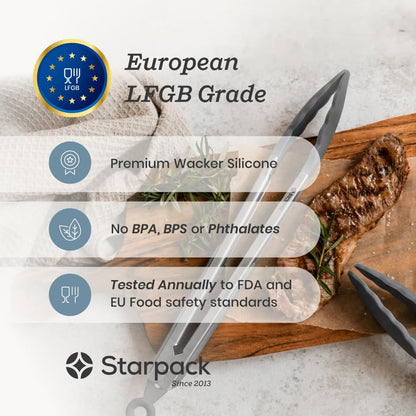 Starpack Get a Grip Silicone Kitchen Tongs (2-Pack, 9" + 12") - LFGB Non Toxic, 600°F Heat Resistant, BPA-Free - Heavy-Duty Stainless Steel, Locking - Dishwasher Safe for Nonstick Cookware