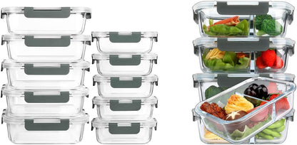 [10-Pack] 1 Compartment Glass Meal Prep Containers with Lids, [5-Pack,36 Oz] Glass Meal Prep Containers 2 Compartments with Lids