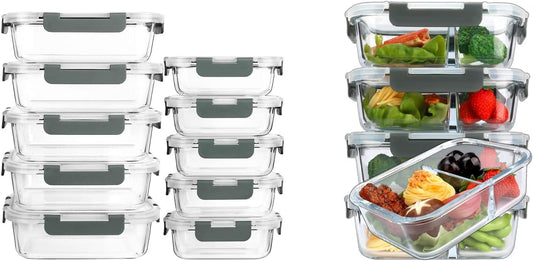 [10-Pack] 1 Compartment Glass Meal Prep Containers with Lids, [5-Pack,36 Oz] Glass Meal Prep Containers 2 Compartments with Lids