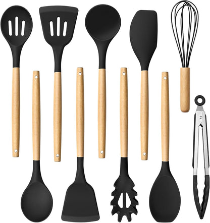 HaWare Silicone Cooking Utensils Set, 10-Piece Chef Kitchen Non-Stick Cookware with Wooden Handle, 450°F Heat Resistant - Khaki