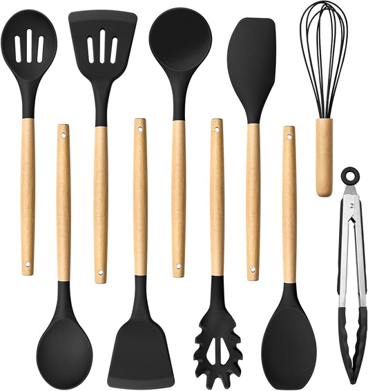 HaWare Silicone Cooking Utensils Set, 10-Piece Chef Kitchen Non-Stick Cookware with Wooden Handle, 450°F Heat Resistant - Khaki