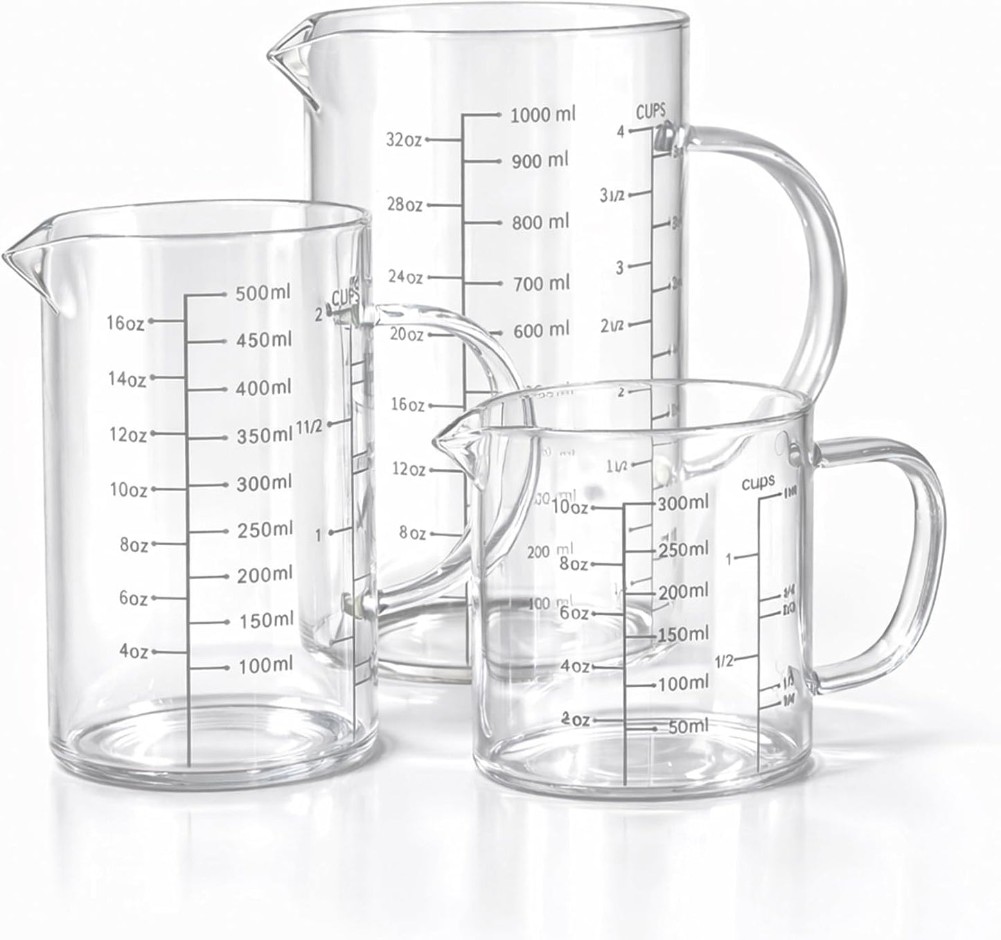 77L 3 Pack Glass Measuring Cup Set (1 1/4, 2 & 4 Cup) [Insulated handle, V-Shaped Spout], High Borosilicate Liquid Glass Measure Cup for Kitchen, Easy To Read, Dishwasher, Freezer, and Microwave Safe