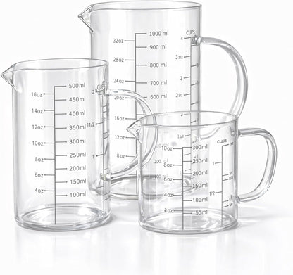 77L 3 Pack Glass Measuring Cup Set (1 1/4, 2 & 4 Cup) [Insulated handle, V-Shaped Spout], High Borosilicate Liquid Glass Measure Cup for Kitchen, Easy To Read, Dishwasher, Freezer, and Microwave Safe