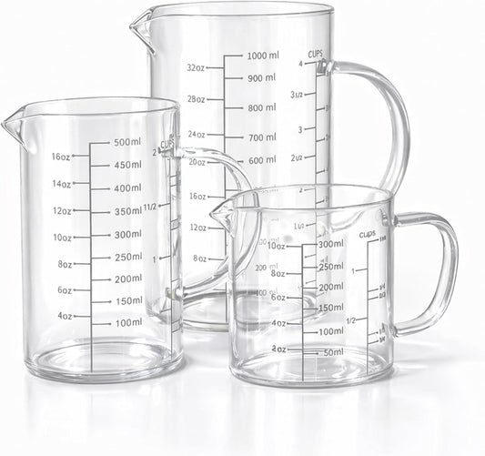 77L 3 Pack Glass Measuring Cup Set (1 1/4, 2 & 4 Cup) [Insulated handle, V-Shaped Spout], High Borosilicate Liquid Glass Measure Cup for Kitchen, Easy To Read, Dishwasher, Freezer, and Microwave Safe