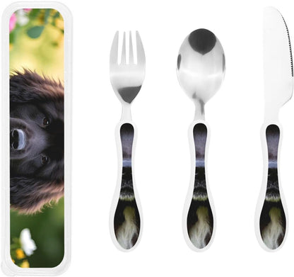 3-Piece Kids Silverware Set With Storage Case, Stainless Steel Reusable Children Safe Knife Spoon Fork Set Cute Puppy Children Flatware Set For Kids Lunch Box