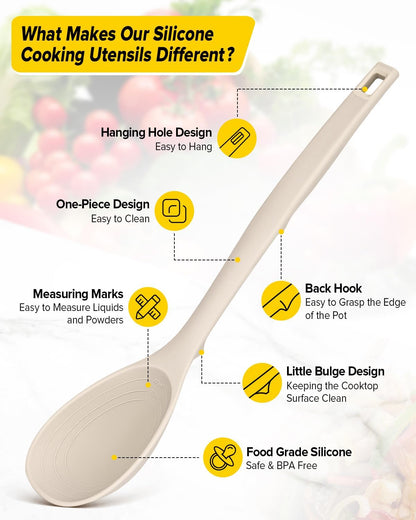 Silicone Cooking Utensils Set, 9 Pcs Heat Resistant Kitchen Utensils with Back Hooks, BPA Free Kitchen Tools with Spatulas, Spoons, Skimmer and Pasta Fork for Non Stick Cookware(KHAKI)