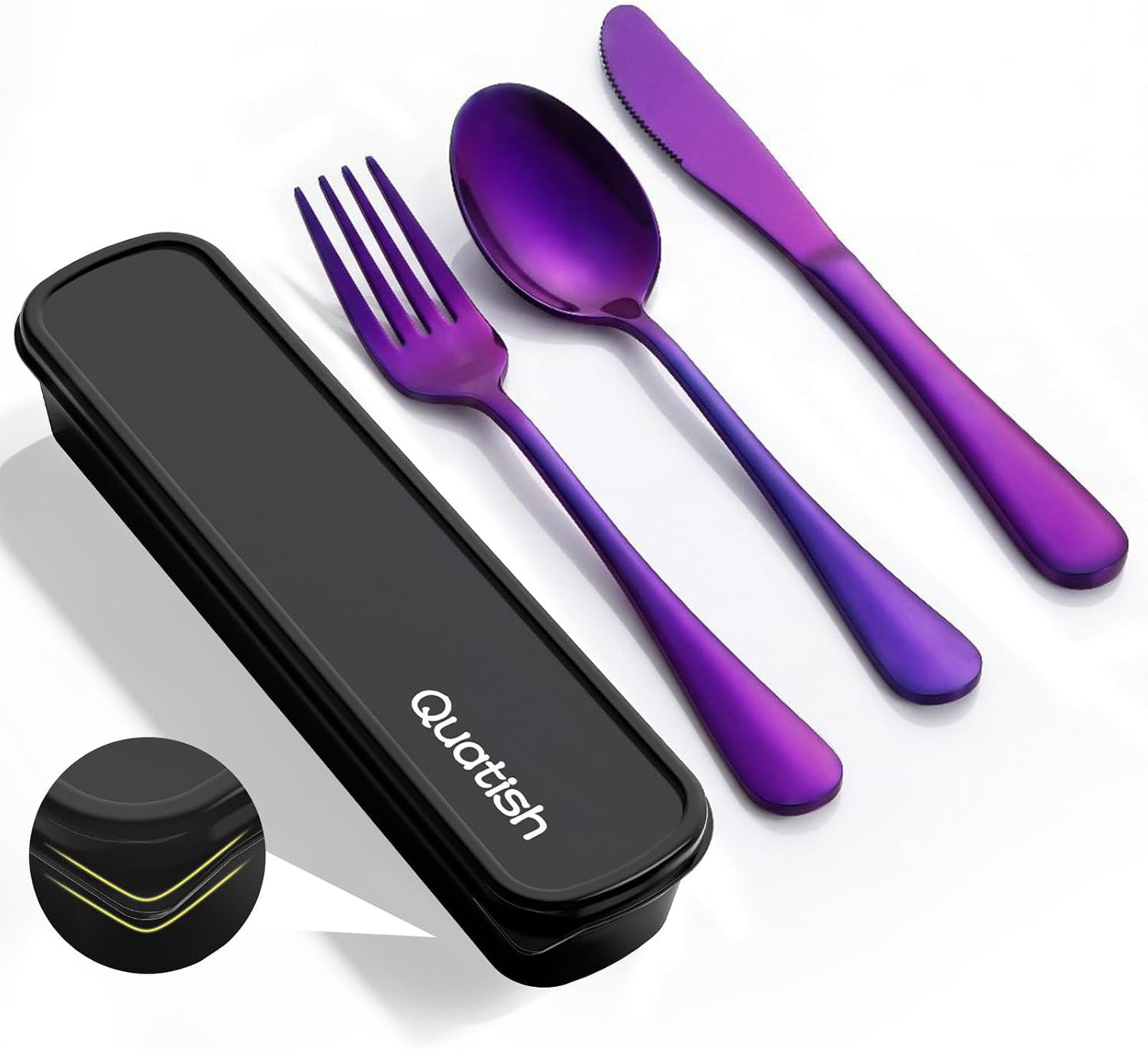 Travel Utensils with Case, Quatish 4 Piece Stainless Steel Silverware Set for Work, Portable Reusable Travel Cutlery Set, Fork and Spoon Set for Picnic, Camping, Gadgets, Lunch Box for Men, Rainbow
