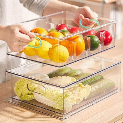 4Pack Stackable Refrigerator Organizer Bins Pull Out Drawer Large Vegetable Fruit Storage for Fridge Organizer Drawers with Handle Clear Food Storage Container Box for Kitchen Pantry Cabinet