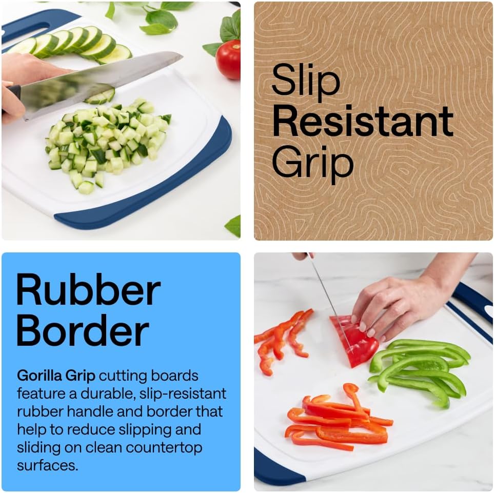 GORILLA GRIP BPA-Free Reversible Kitchen Cutting Board Set of 3, US Designed, Nonporous, Juice Grooves Catch Liquid, Slip Resistant Border, Dishwasher Safe, Durable Large Food Chopping Boards, Black