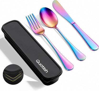 Travel Utensils with Case, Quatish 4 Piece Stainless Steel Silverware Set for Work, Portable Reusable Travel Cutlery Set, Fork and Spoon Set for Picnic, Camping, Gadgets, Lunch Box for Men, Rainbow