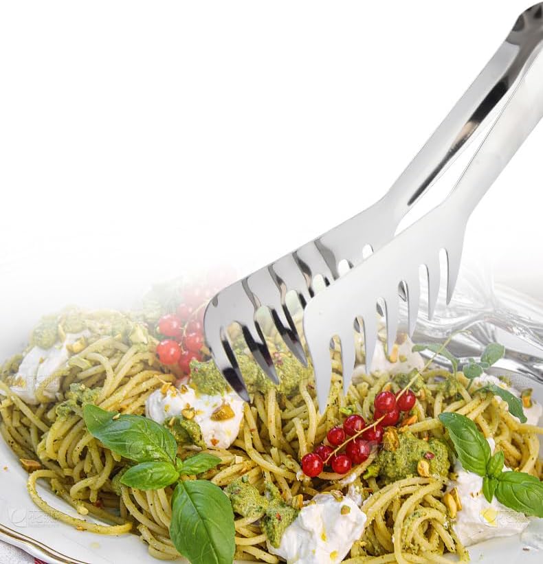 HornTide Stainless Steel Pasta Tongs, Pack of 2 Piece, Teethed Ends Design for Spaghetti Noodle Pastry, Kitchen Serving Tong Set 8-inch 20cm