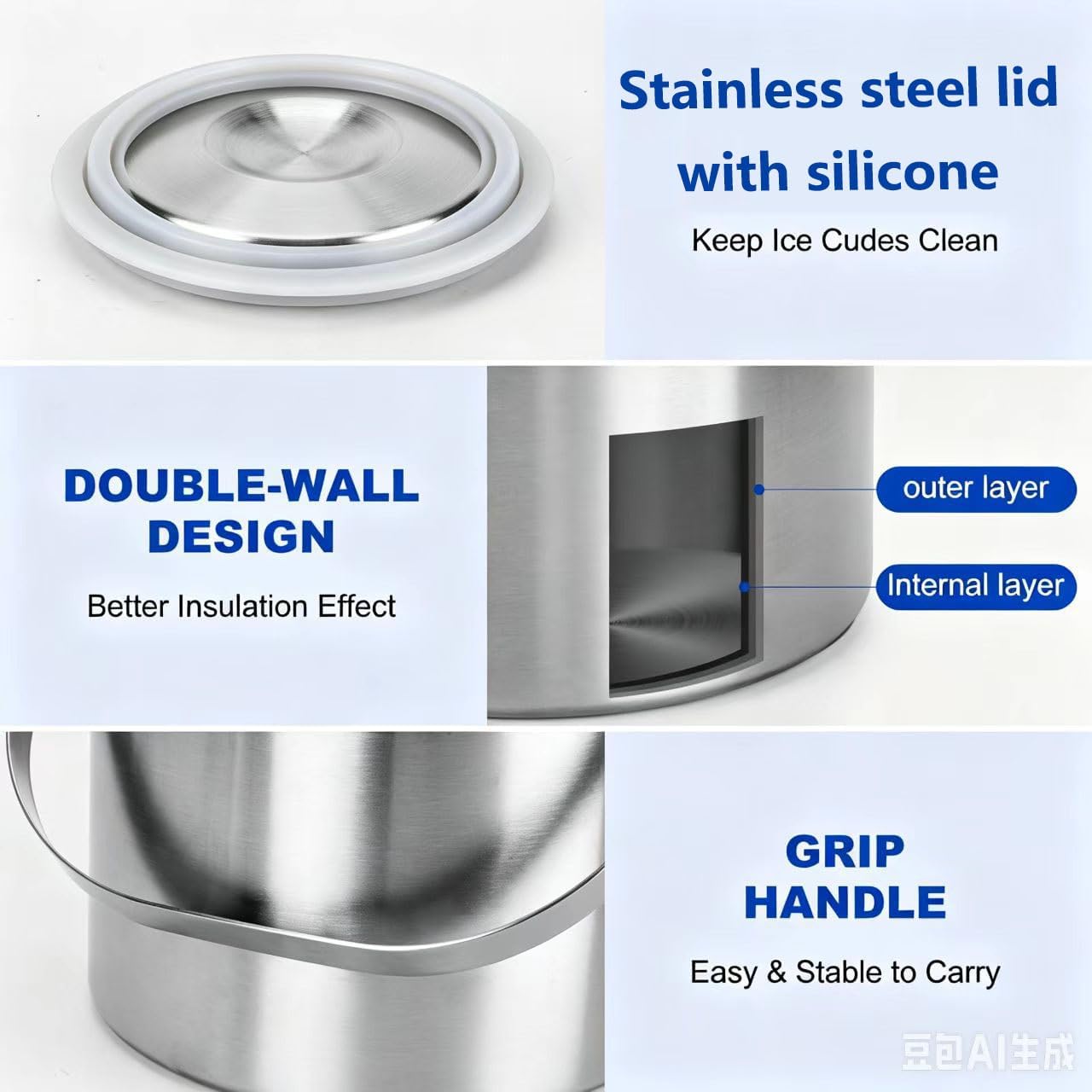4L Stainless Steel Ice Bucket With Lid, Insulated Double-Wall Ice Buckets with Scoop & Tongs for Parties, Portable Ice Container for Chilled Champagne Wine Drink, Ideal for Home/Activities/Bar Freezer
