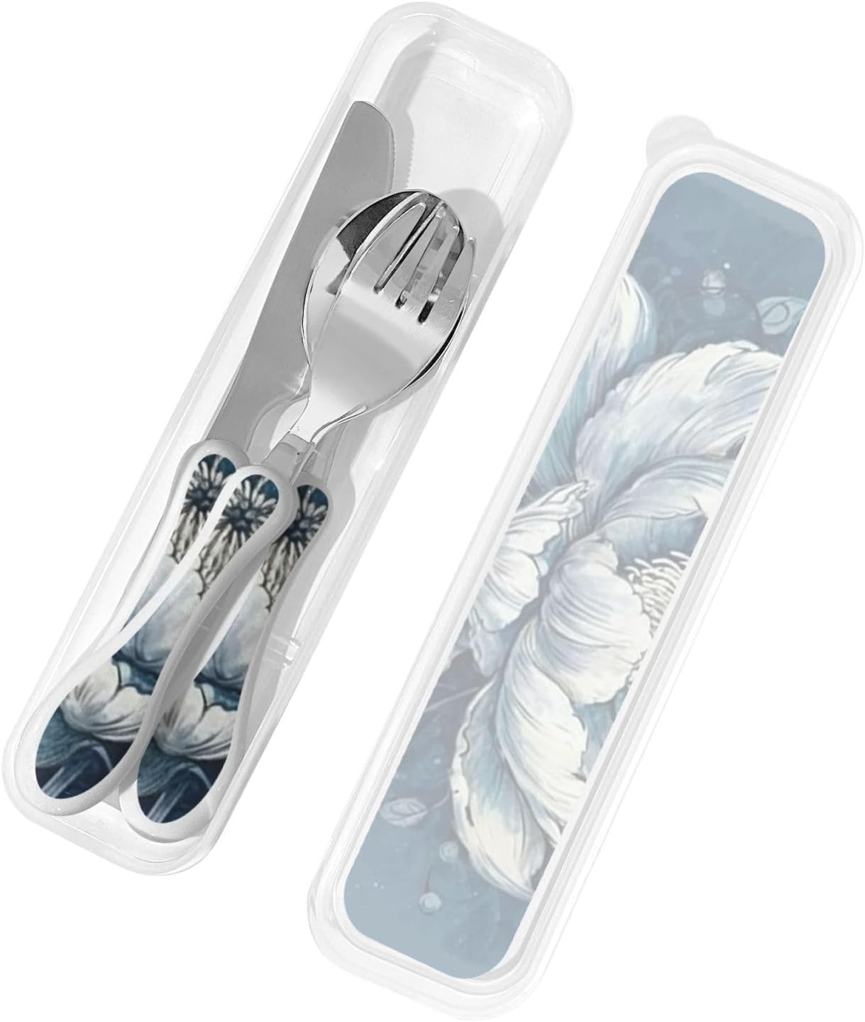 3-Piece Kids Silverware Set With Storage Case, Stainless Steel Reusable Children Safe Knife Spoon Fork Set Blue Lotus Floral Children Flatware Set For Kids Lunch Box