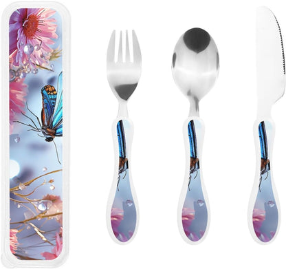 3-Piece Kids Silverware Set With Storage Case, Stainless Steel Reusable Children Safe Knife Spoon Fork Set Black And White Grid Children Flatware Set For Kids Lunch Box