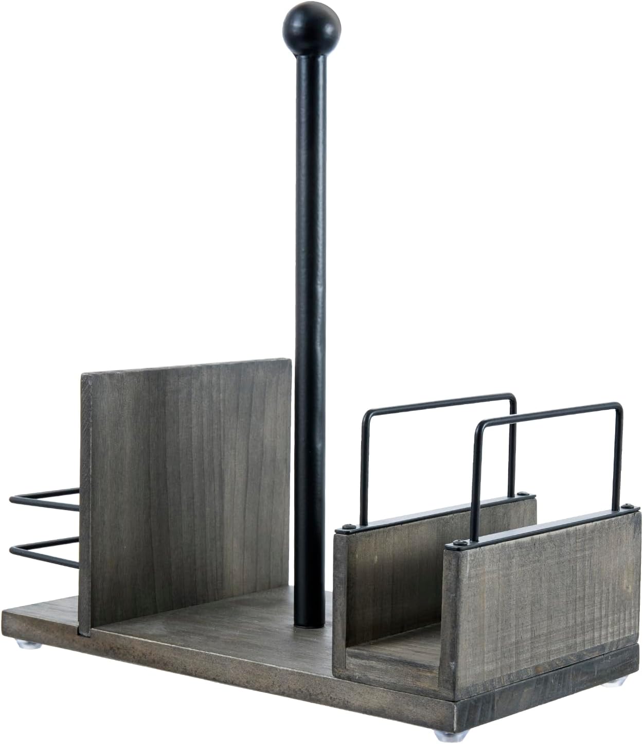 MyGift Rustic Burnt Solid Wood and Industrial Matte Black Metal Dining Combination Caddy with Paper Towel Roll Dispenser Stand, Napkin Holder, and Spice Rack