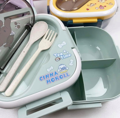 Bento Lunch Box Container Set with 3 Compartments Portable Personal Sealed Plastic Utensils Food Container Cute Kawaii Anime Kitty Bunny Dog (Pink Kitty)