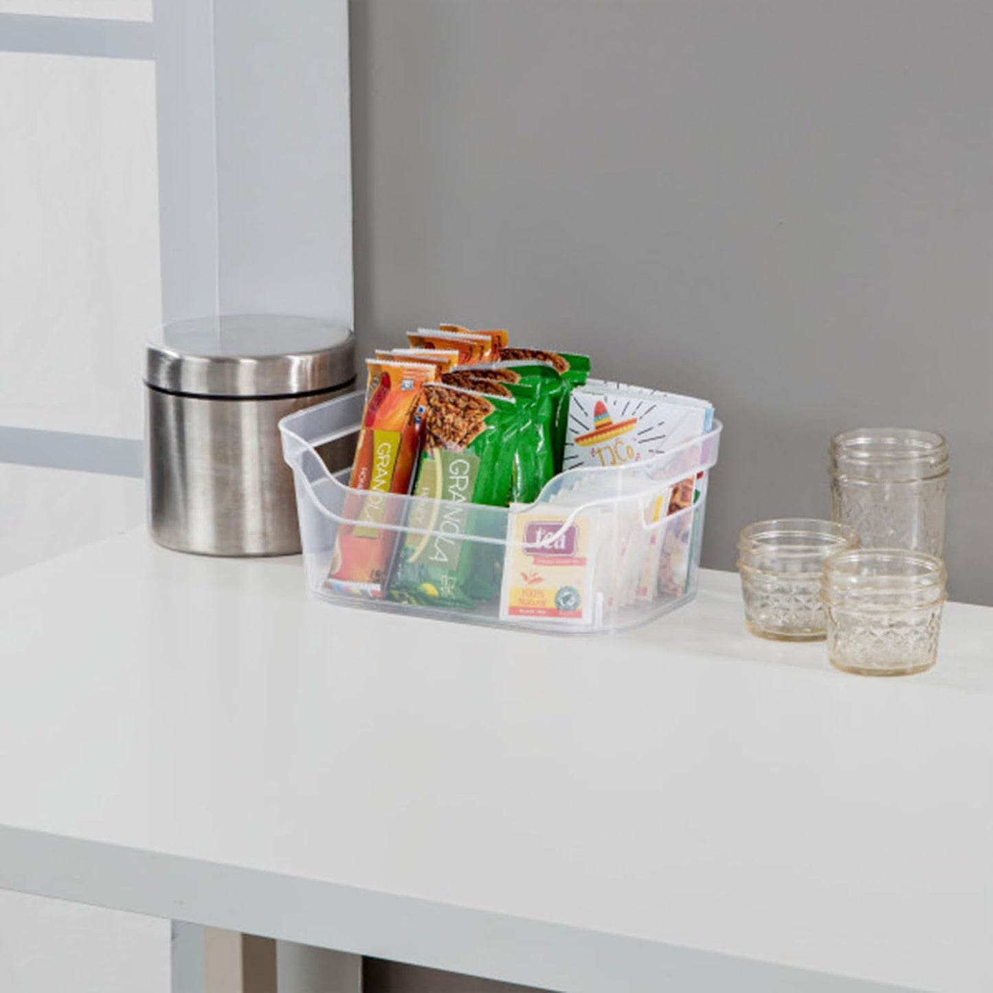 Sterilite 7 x 11 x 14.25 Inch Polished Open Scoop Front Storage Bin with Comfortable Carry Through Handles for Household Organization, Clear (6 Pack)