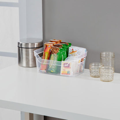 Sterilite 7 x 11 x 14.25 Inch Polished Open Scoop Front Storage Bin with Comfortable Carry Through Handles for Household Organization, Clear (6 Pack)