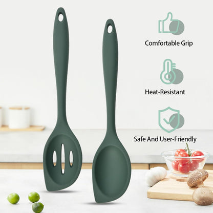 2-Pieces Silicone Cooking Spoon Spatula, Large Serving Spoons for Solid and Slotted, Heat Resistant Non-Stick Silicone Cooking Utensils Set, for Kitchen Mixing, Scooping, and Scraping