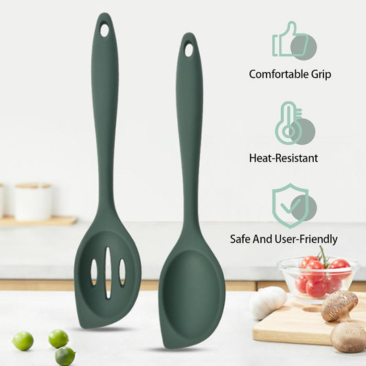 2-Pieces Silicone Cooking Spoon Spatula, Large Serving Spoons for Solid and Slotted, Heat Resistant Non-Stick Silicone Cooking Utensils Set, for Kitchen Mixing, Scooping, and Scraping